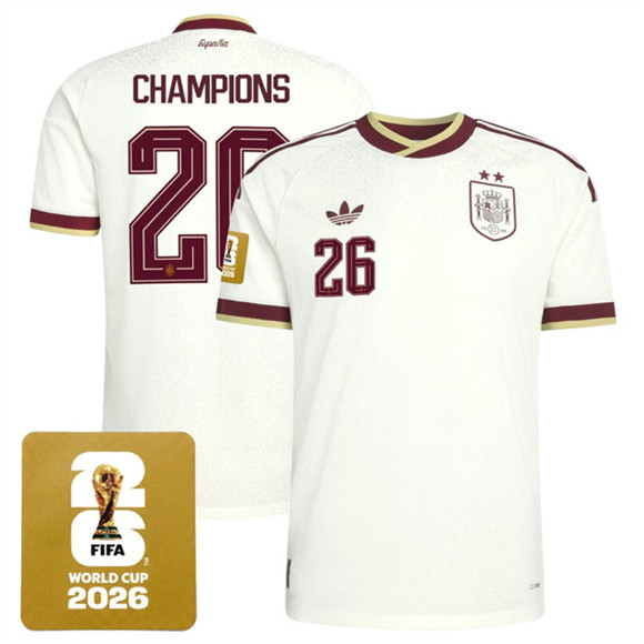 Spain Team #26 Champions White 2026 World Cup Away Soccer Jersey Spain Team #26 Champions White 2026 World Cup Away Soccer Jersey