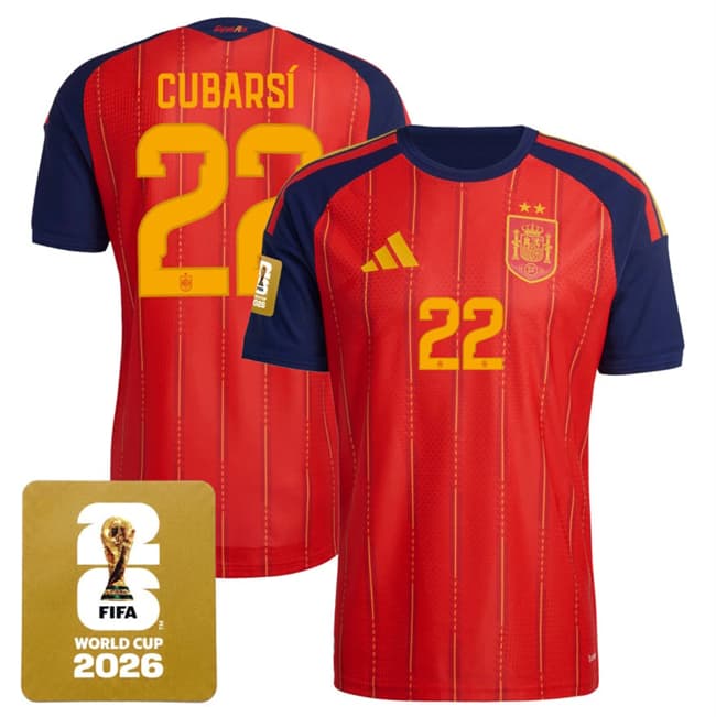 Spain Team #22 Pau Cubarsi Red 2026 World Cup Home Soccer Jersey Spain Team #22 Pau Cubarsi Red 2026 World Cup Home Soccer Jersey