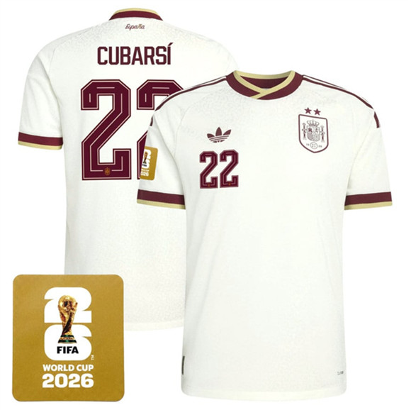 Spain Team #22 Pau Cubarsi White 2026 World Cup Away Soccer Jersey Spain Team #22 Pau Cubarsi White 2026 World Cup Away Soccer Jersey