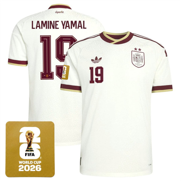 Spain Team #19 Lamine Yamal White 2026 World Cup Away Soccer Jersey Spain Team #19 Lamine Yamal White 2026 World Cup Away Soccer Jersey