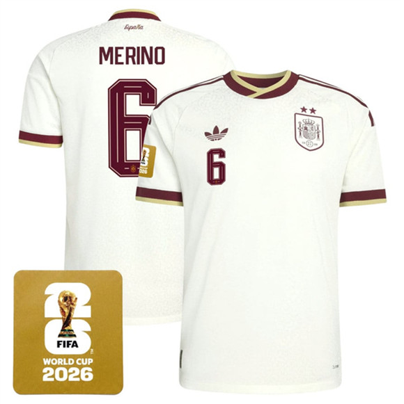 Spain Team #6 Mikel Merino White 2026 World Cup Away Soccer Jersey Spain Team #6 Mikel Merino White 2026 World Cup Away Soccer Jersey