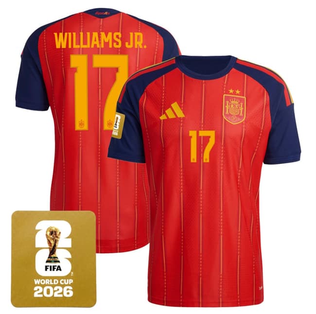 Spain Team #17 Nico Williams JR.Red 2026 World Cup Home Soccer Jersey Spain Team #17 Nico Williams JR.Red 2026 World Cup Home Soccer Jersey