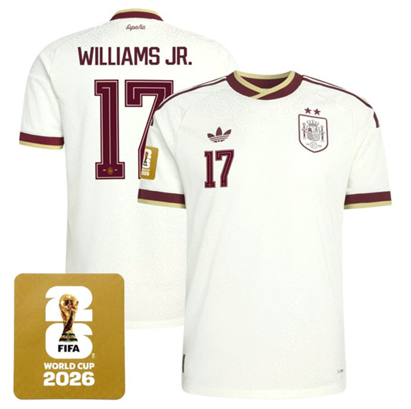 Spain Team #17 Nico Williams JR. White 2026 World Cup Away Soccer Jersey Spain Team #17 Nico Williams JR. White 2026 World Cup Away Soccer Jersey